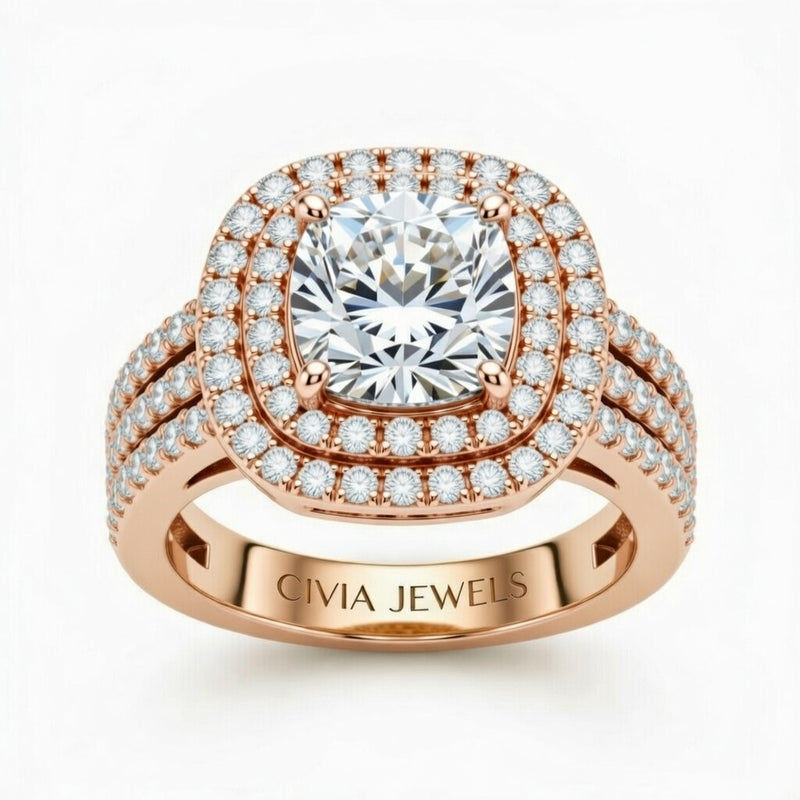 Rose Gold Cushion Cut Double Halo Engagement Ring With Four Prong Setting And Diamond Pavé Split Band