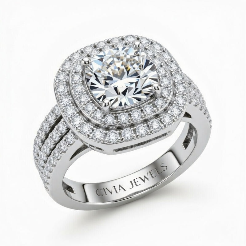 Silver Cushion Cut Double Halo Engagement Ring With Four Prong Setting And Diamond Pavé Split Band