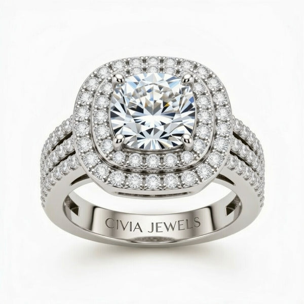 White Gold Cushion Cut Double Halo Engagement Ring With Four Prong Setting And Diamond Pavé Split Band