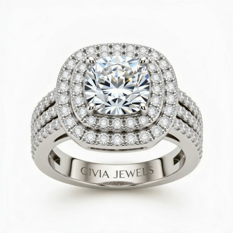 Silver Cushion Cut Double Halo Engagement Ring With Four Prong Setting And Diamond Pavé Split Band