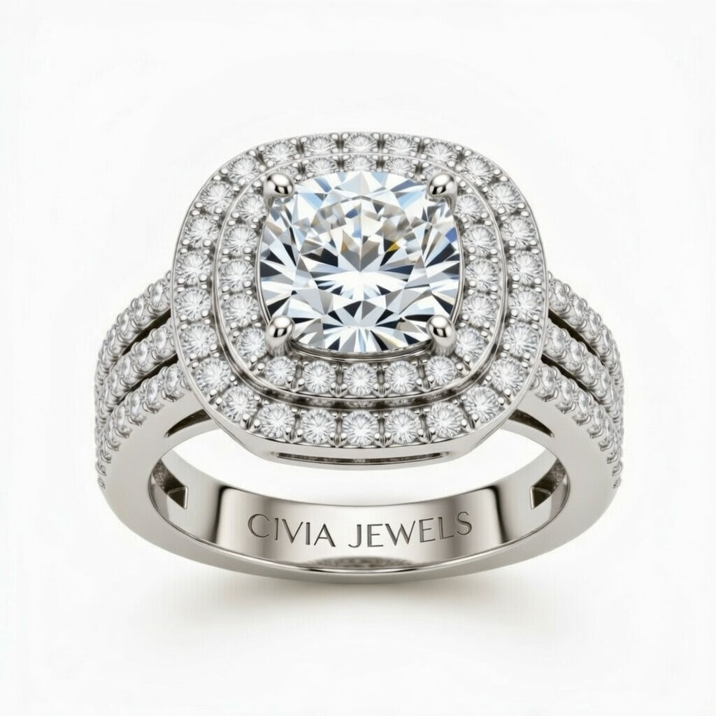 Silver Cushion Cut Double Halo Engagement Ring With Four Prong Setting And Diamond Pavé Split Band
