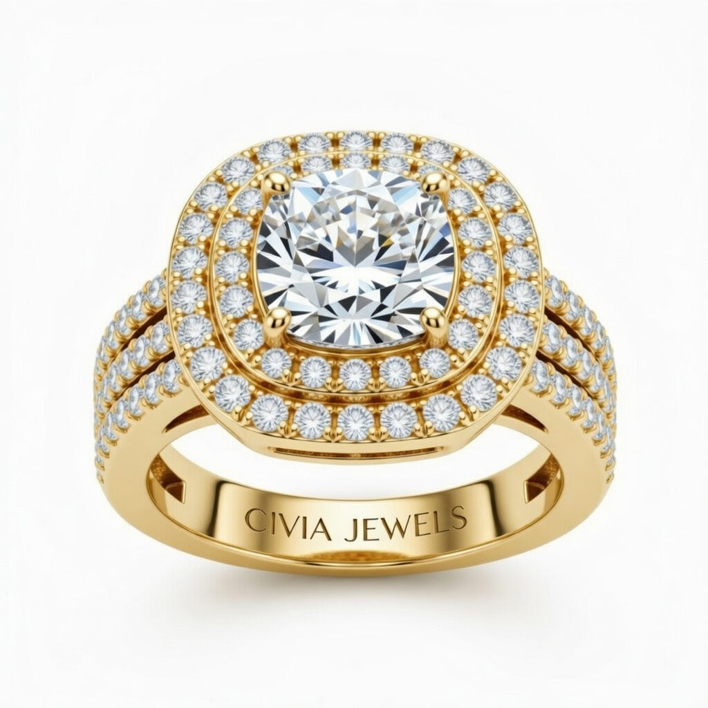 Yellow Gold Cushion Cut Double Halo Engagement Ring With Four Prong Setting And Diamond Pavé Split Band
