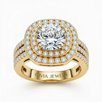 Yellow Gold Cushion Cut Double Halo Engagement Ring With Four Prong Setting And Diamond Pavé Split Band