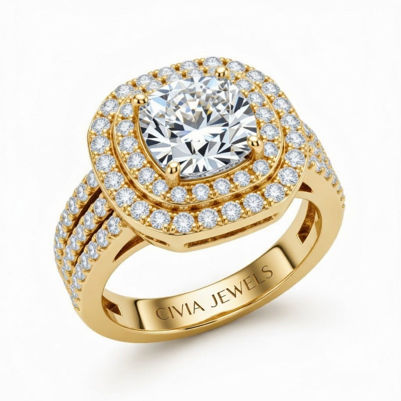 Yellow Gold Cushion Cut Double Halo Engagement Ring With Four Prong Setting And Diamond Pavé Split Band