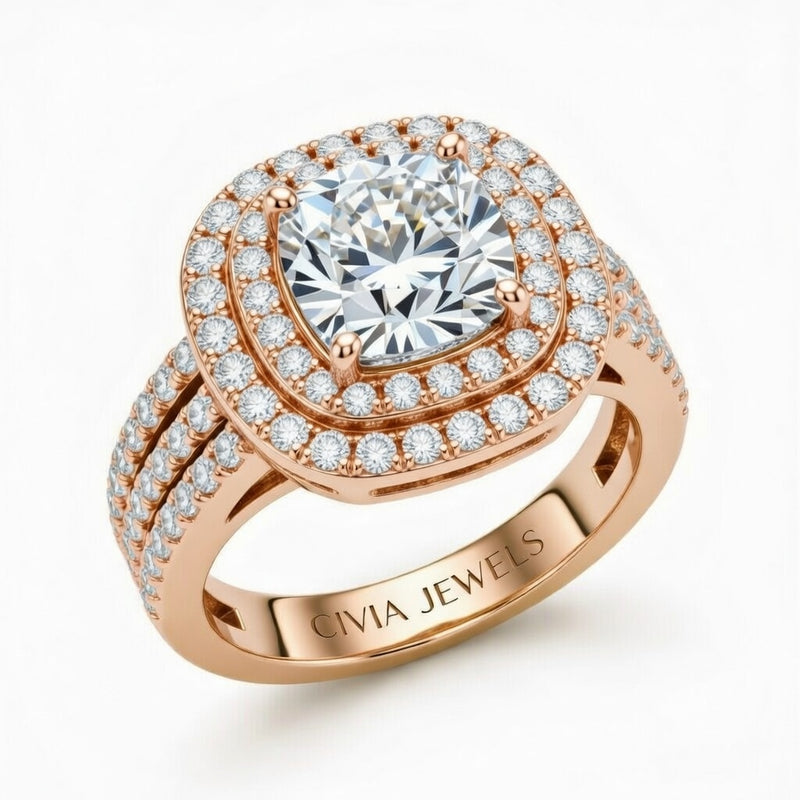 Rose Gold Cushion Cut Double Halo Engagement Ring With Four Prong Setting And Diamond Pavé Split Band