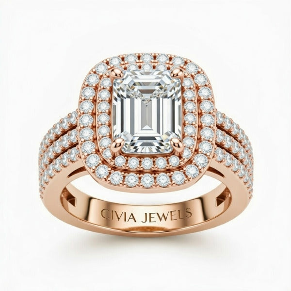 Rose Gold Emerald Cut Double Halo Engagement Ring With Four Prong Setting And Diamond Pavé Split Band