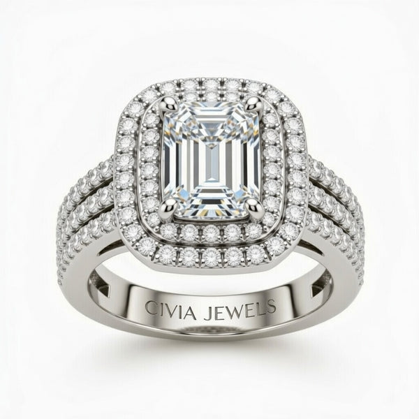 Silver Emerald Cut Double Halo Engagement Ring With Four Prong Setting And Diamond Pavé Split Band