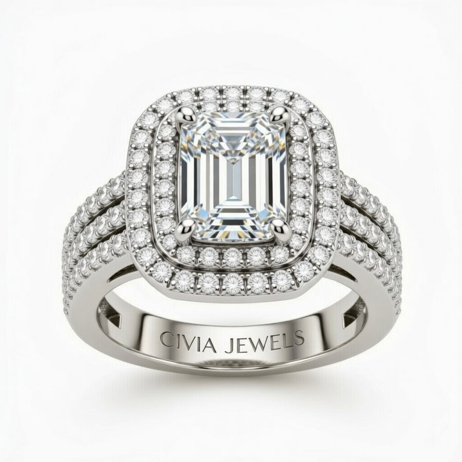 Silver Emerald Cut Double Halo Engagement Ring With Four Prong Setting And Diamond Pavé Split Band