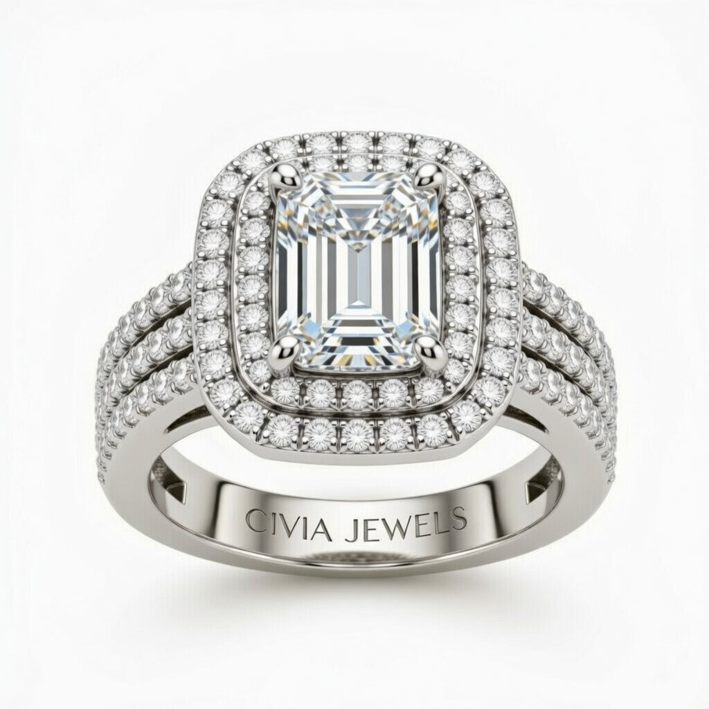 Silver Emerald Cut Double Halo Engagement Ring With Four Prong Setting And Diamond Pavé Split Band