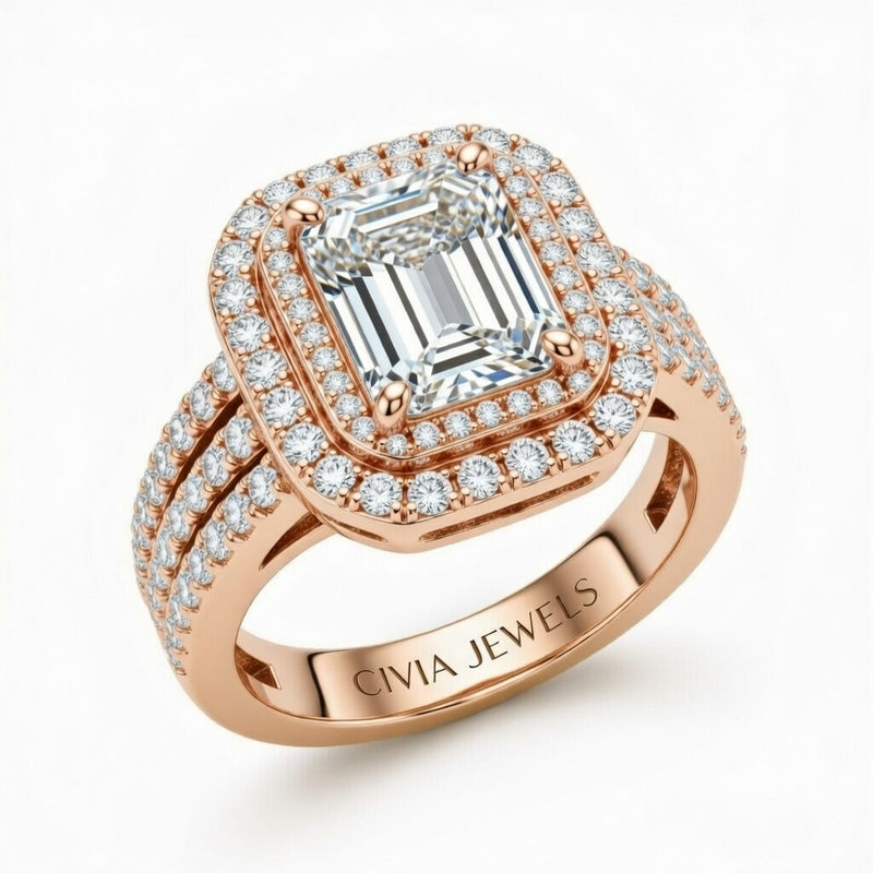 Rose Gold Emerald Cut Double Halo Engagement Ring With Four Prong Setting And Diamond Pavé Split Band