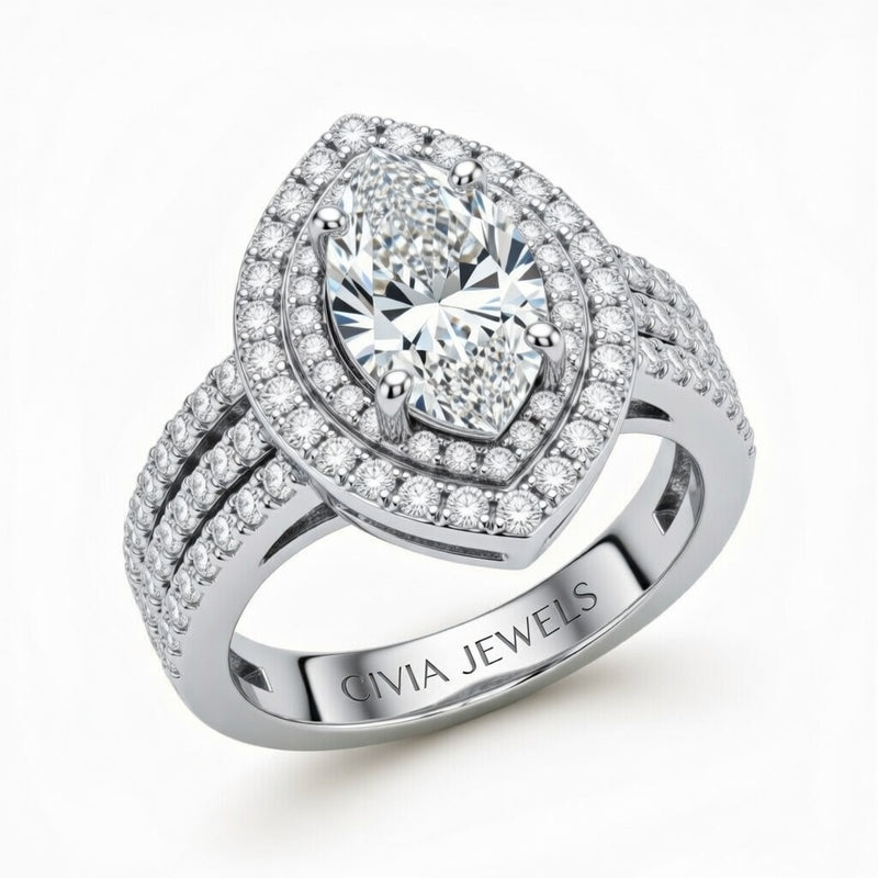 Silver Marquise Cut Double Halo Engagement Ring With Four Prong Setting And Diamond Pavé Split Band