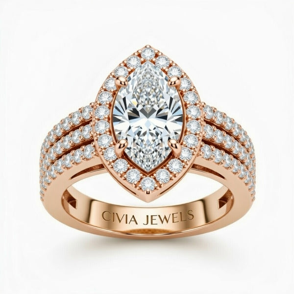 Rose Gold Marquise Cut Double Halo Engagement Ring With Four Prong Setting And Diamond Pavé Split Band