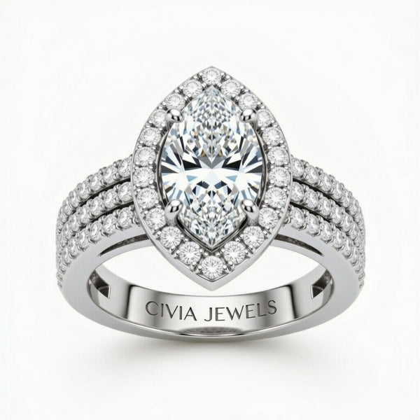 White Gold Marquise Cut Double Halo Engagement Ring With Four Prong Setting And Diamond Pavé Split Band