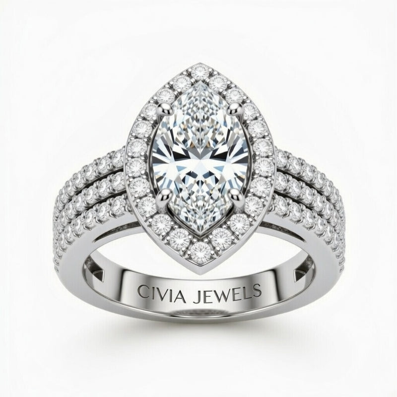 Silver Marquise Cut Double Halo Engagement Ring With Four Prong Setting And Diamond Pavé Split Band