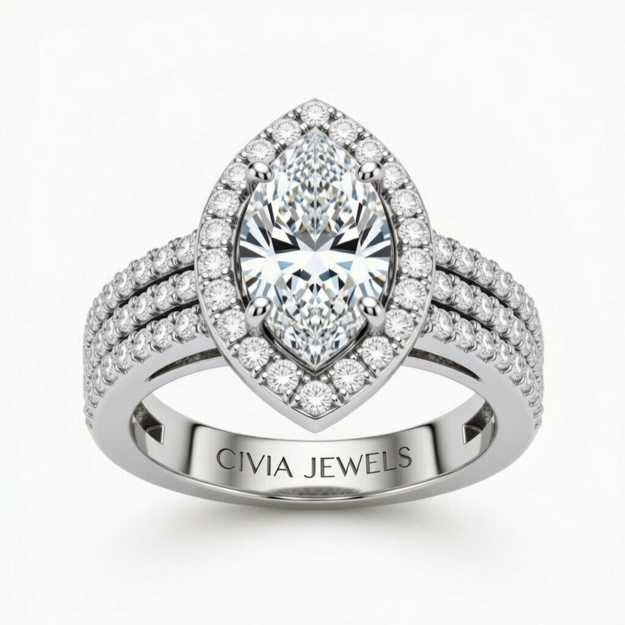 Silver Marquise Cut Double Halo Engagement Ring With Four Prong Setting And Diamond Pavé Split Band