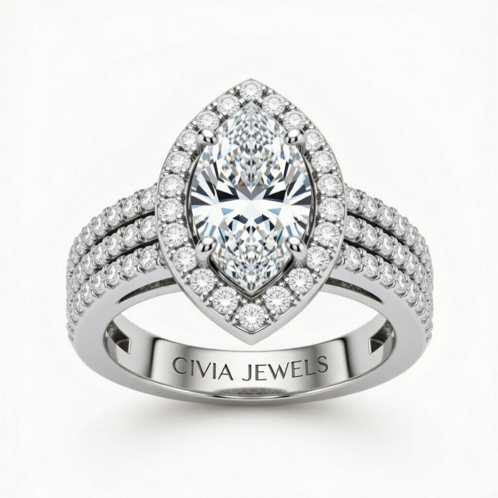 Silver Marquise Cut Double Halo Engagement Ring With Four Prong Setting And Diamond Pavé Split Band