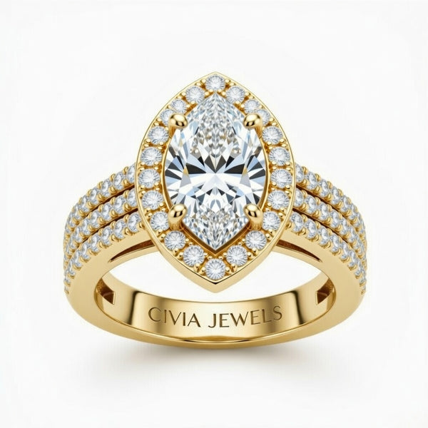 Yellow Gold Marquise Cut Double Halo Engagement Ring With Four Prong Setting And Diamond Pavé Split Band