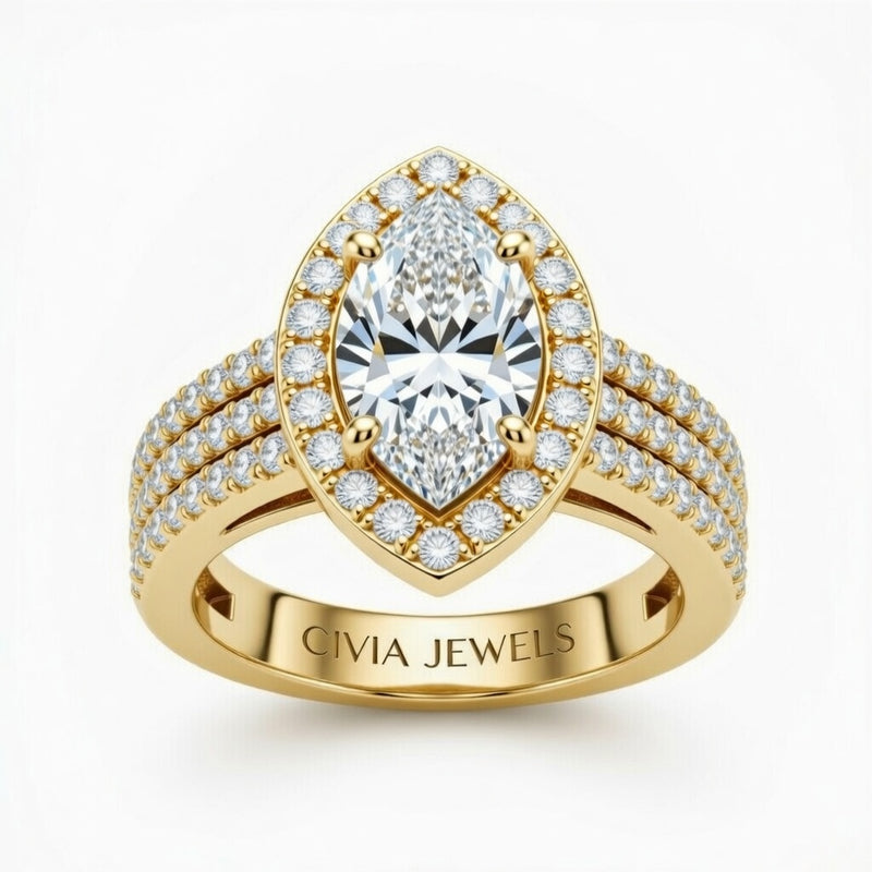 Yellow Gold Marquise Cut Double Halo Engagement Ring With Four Prong Setting And Diamond Pavé Split Band
