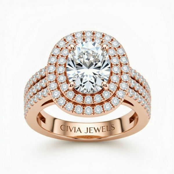 Rose Gold Oval Cut Double Halo Engagement Ring With Four Prong Setting And Diamond Pavé Split Band