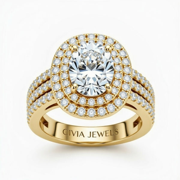 Yellow Gold Oval Cut Double Halo Engagement Ring With Four Prong Setting And Diamond Pavé Split Band