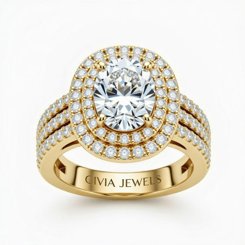 Yellow Gold Oval Cut Double Halo Engagement Ring With Four Prong Setting And Diamond Pavé Split Band