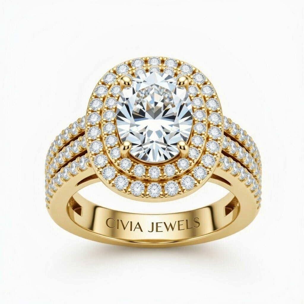 Yellow Gold Oval Cut Double Halo Engagement Ring With Four Prong Setting And Diamond Pavé Split Band