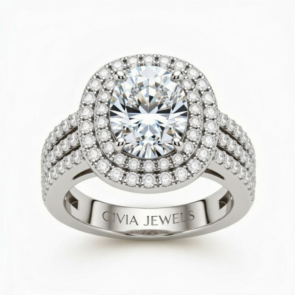 White Gold Oval Cut Double Halo Engagement Ring With Four Prong Setting And Diamond Pavé Split Band