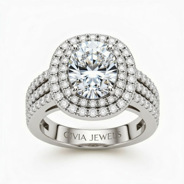 Silver Oval Cut Double Halo Engagement Ring With Four Prong Setting And Diamond Pavé Split Band