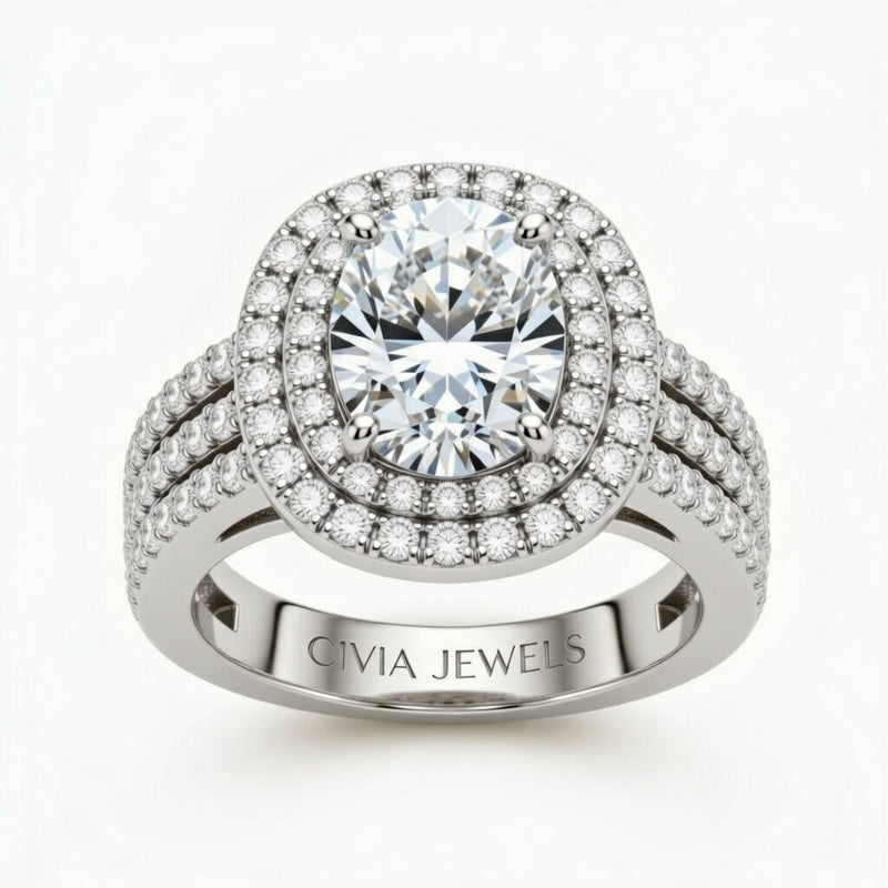 Silver Oval Cut Double Halo Engagement Ring With Four Prong Setting And Diamond Pavé Split Band