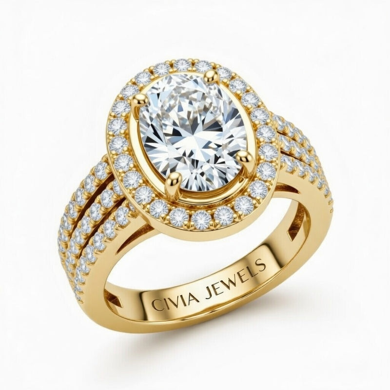 Yellow Gold Oval Cut Double Halo Engagement Ring With Four Prong Setting And Diamond Pavé Split Band