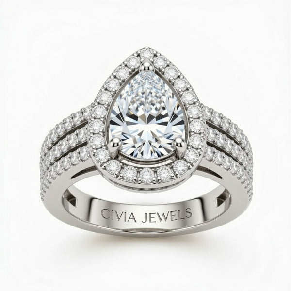 Silver Pear Cut Double Halo Engagement Ring With Four Prong Setting And Diamond Pavé Split Band