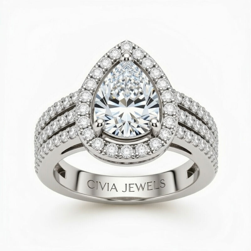 Silver Pear Cut Double Halo Engagement Ring With Four Prong Setting And Diamond Pavé Split Band