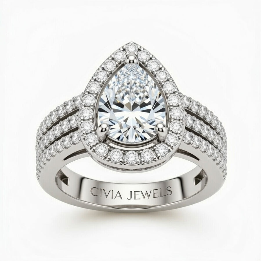 Silver Pear Cut Double Halo Engagement Ring With Four Prong Setting And Diamond Pavé Split Band