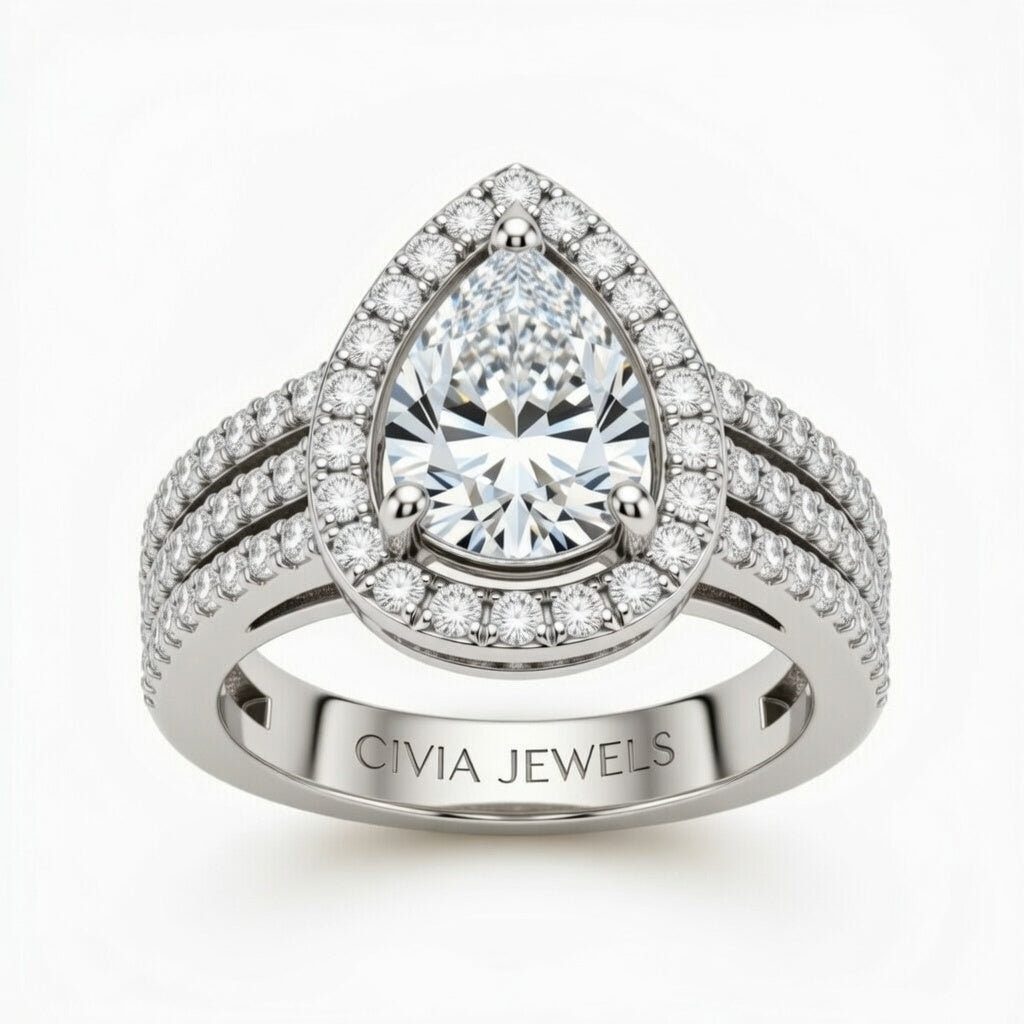 Silver Pear Cut Double Halo Engagement Ring With Four Prong Setting And Diamond Pavé Split Band
