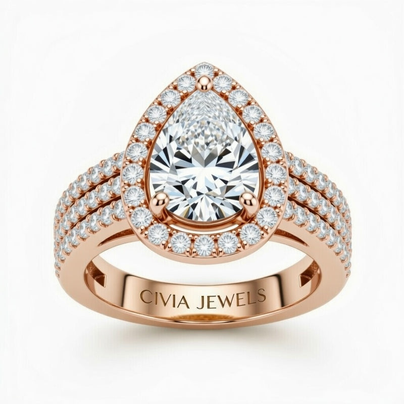 Rose Gold Pear Cut Double Halo Engagement Ring With Four Prong Setting And Diamond Pavé Split Band