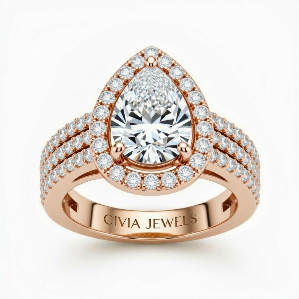 Rose Gold Pear Cut Double Halo Engagement Ring With Four Prong Setting And Diamond Pavé Split Band