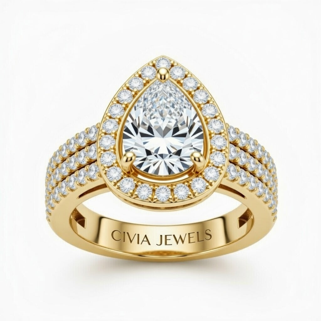 Yellow Gold Pear Cut Double Halo Engagement Ring With Four Prong Setting And Diamond Pavé Split Band