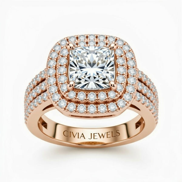 Rose Gold Princess Cut Double Halo Engagement Ring With Four Prong Setting And Diamond Pavé Split Band