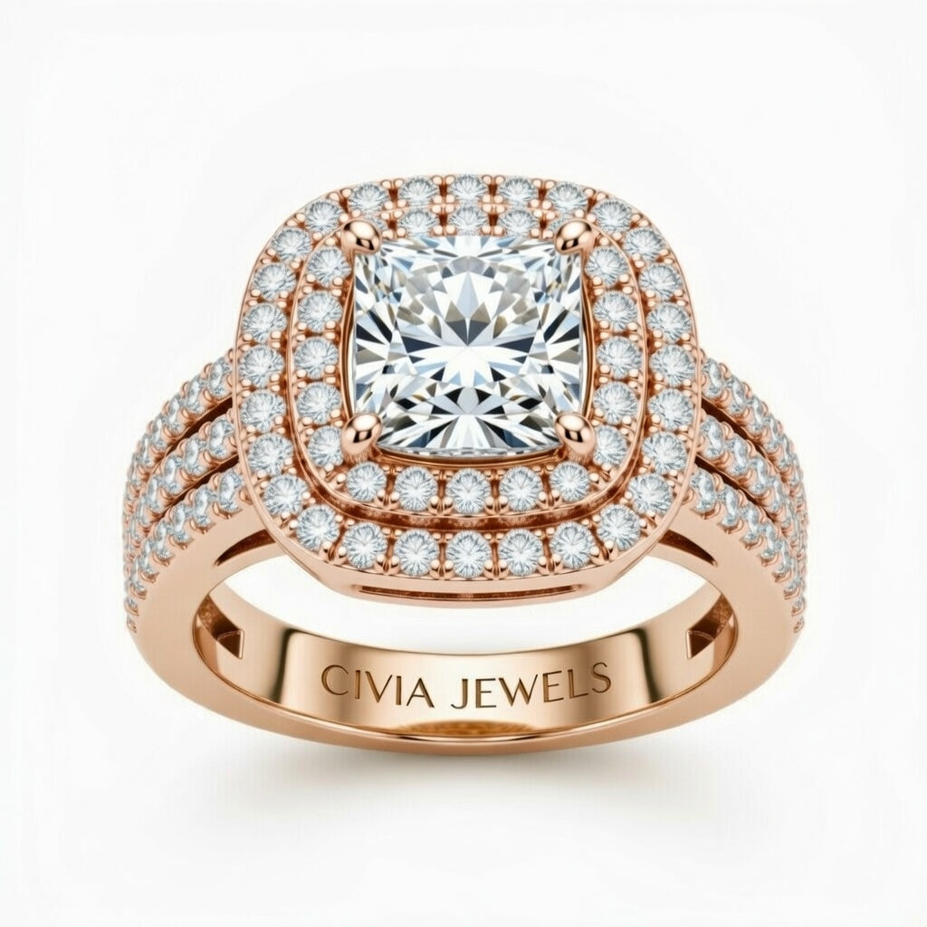 Rose Gold Princess Cut Double Halo Engagement Ring With Four Prong Setting And Diamond Pavé Split Band
