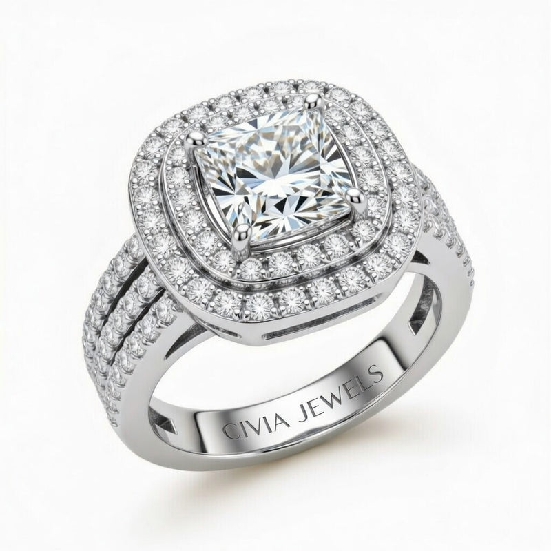 Silver Princess Cut Double Halo Engagement Ring With Four Prong Setting And Diamond Pavé Split Band