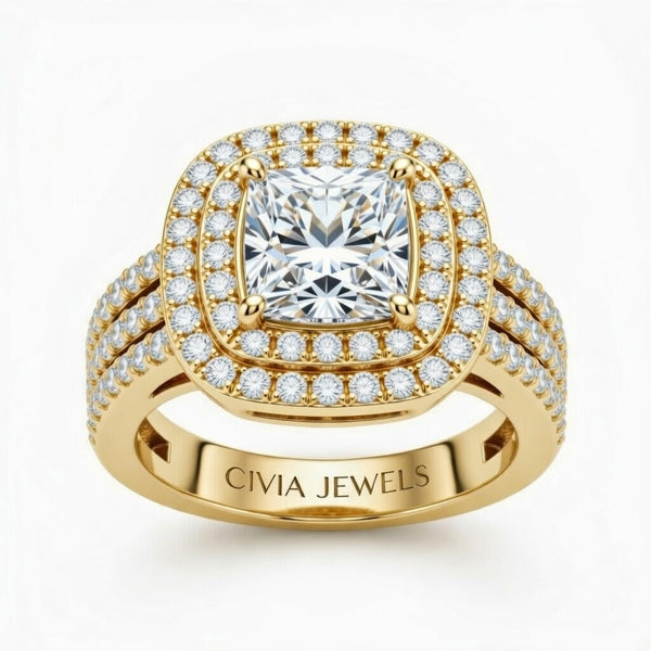 Yellow Gold Princess Cut Double Halo Engagement Ring With Four Prong Setting And Diamond Pavé Split Band