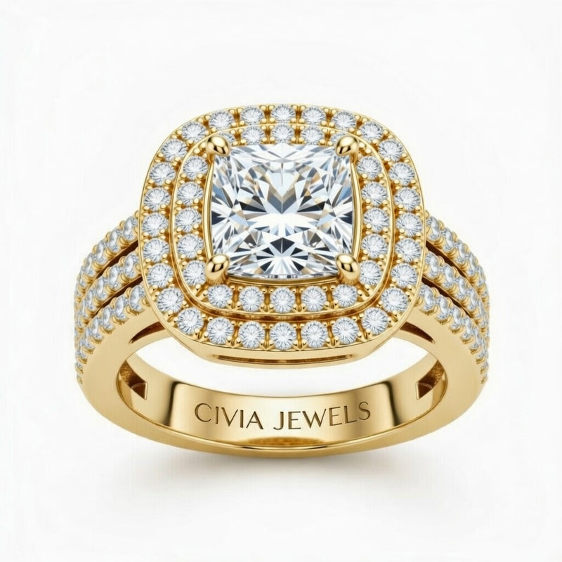 Yellow Gold Princess Cut Double Halo Engagement Ring With Four Prong Setting And Diamond Pavé Split Band