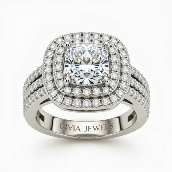 White Gold Princess Cut Double Halo Engagement Ring With Four Prong Setting And Diamond Pavé Split Band