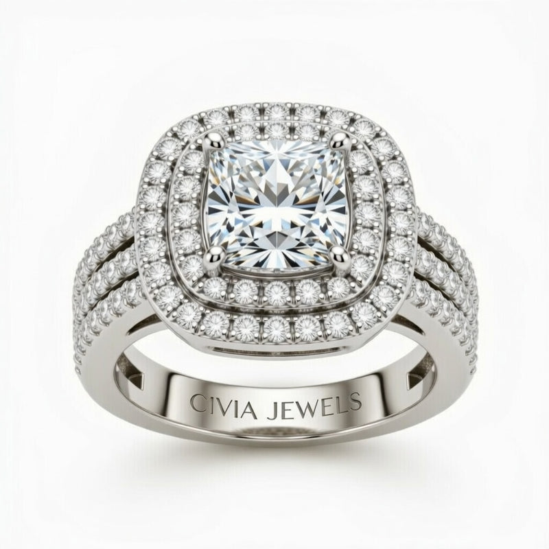 Silver Princess Cut Double Halo Engagement Ring With Four Prong Setting And Diamond Pavé Split Band