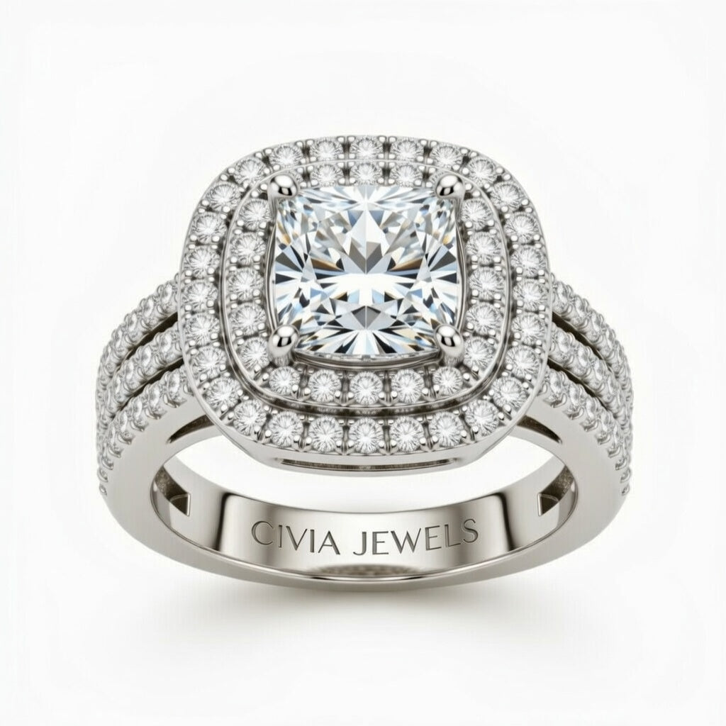 Silver Princess Cut Double Halo Engagement Ring With Four Prong Setting And Diamond Pavé Split Band