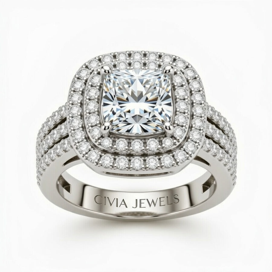 Silver Princess Cut Double Halo Engagement Ring With Four Prong Setting And Diamond Pavé Split Band