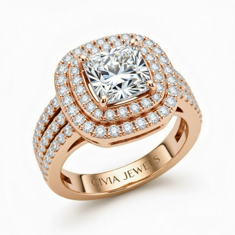 Rose Gold Princess Cut Double Halo Engagement Ring With Four Prong Setting And Diamond Pavé Split Band