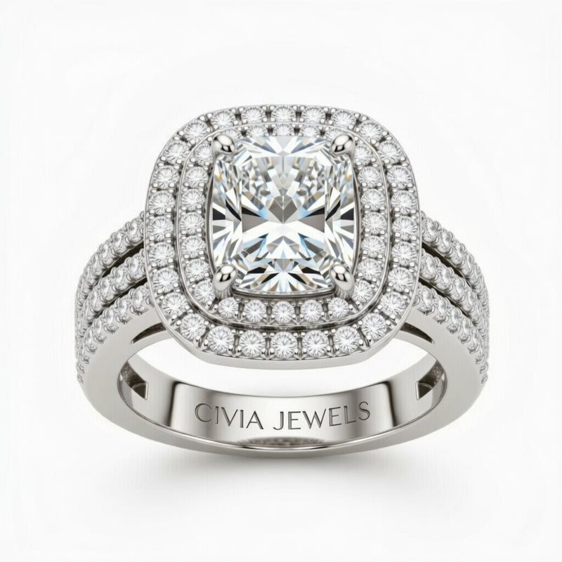 White Gold Radiant Cut Double Halo Engagement Ring With Four Prong Setting And Diamond Pavé Split Band
