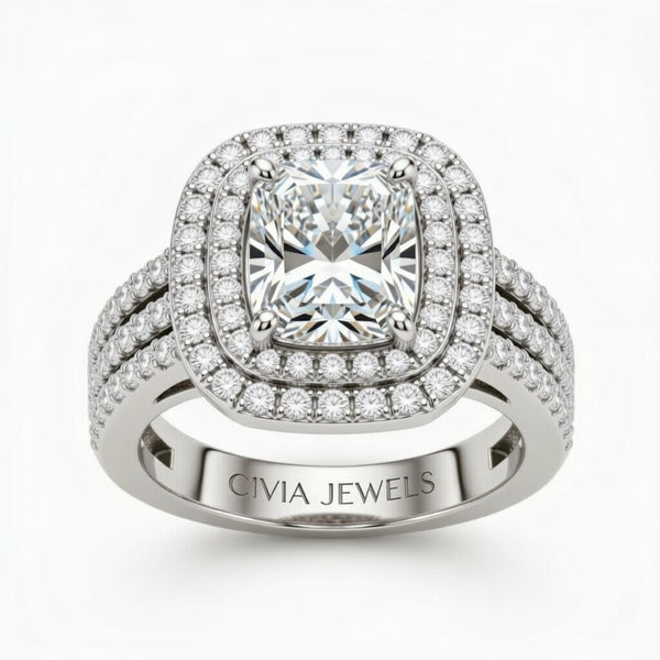 Silver Radiant Cut Double Halo Engagement Ring With Four Prong Setting And Diamond Pavé Split Band