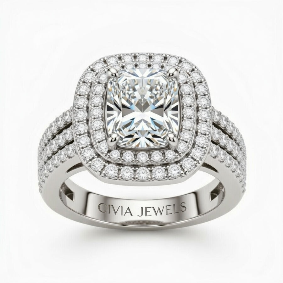 Silver Radiant Cut Double Halo Engagement Ring With Four Prong Setting And Diamond Pavé Split Band